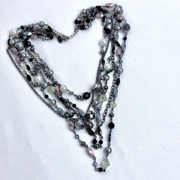 Lia Sophia Multi Strand Statement Necklace – Mixed Beads, Chains, Pearls, Black - Picture 3 of 7